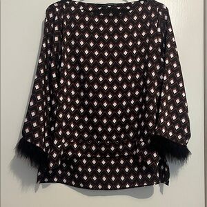 Zara Black and White Geometric Blouse with Red Accents
